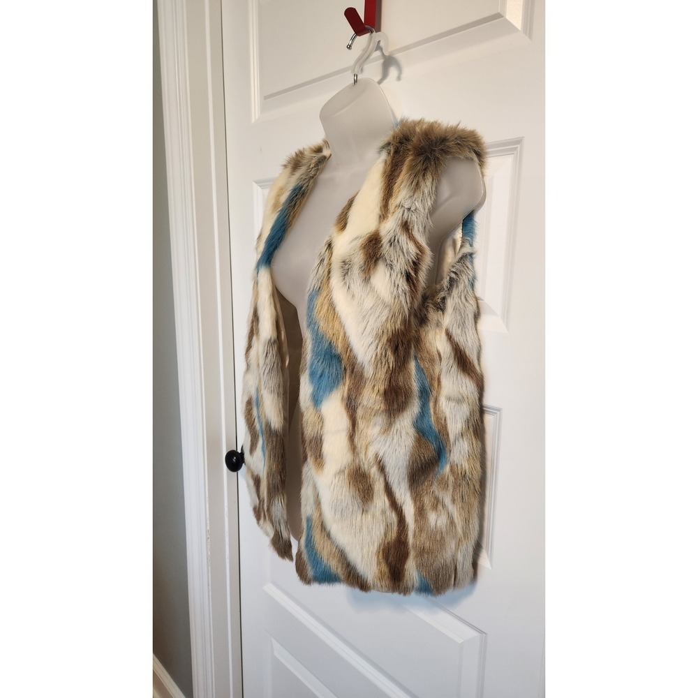 Luxe Patchwork Faux Fur Vest Soft Sleek Brown Blue Multi Mob Wife Aesthetic S - Picture 3 of 10